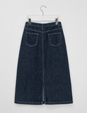 Metaca stitch pocket slit denim long skirt