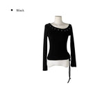 Denk Shirring Eyelet Crop Lip Neck T-shirt