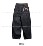 Heart pink stitch indigo denim pants