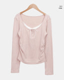 Dew Lace Loose Fit Button Shirring Long Sleeve T-Shirt