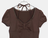 Code Beads Ribbon Shirring Puff Short Sleeve T-Shirt