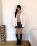 Heri Pine Leaf Balloon Angora V-Neck Loose Knit Fur Cardigan