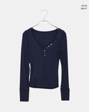 Tsuke Rib Button V-Neck Slim Fit Long Sleeve T-Shirt