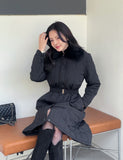Vero Rabbit Fur Collar Long Padding Coat (Belt Set)