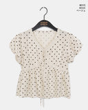 Newon Dot Lace Ribbon Short Sleeve Blouse