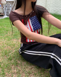 Richin American Flag Stud Rivet Unbalanced Off-shoulder Short Sleeve T-shirt