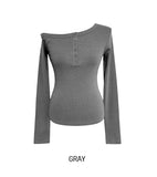 Tees Rib Button Unbalance Shoulder Long Sleeve