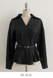 Doberin Open Collar Pintuck Blouse (Belt Set)