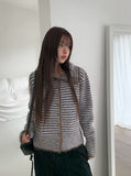 Mud Collar Stripe Color Matching Knit Cardigan