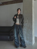 Moshu track line string denim pants
