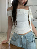 Zant Ribbon Knot Off-Shoulder Shirring T-Shirt