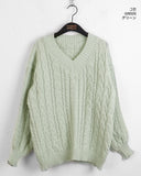 Length cable V-neck loose fit long long sleeve knit