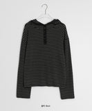 Toymo Stripe Hood Button Long Sleeve Tee