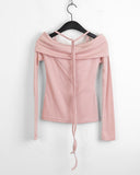 Roan brushed strap slit off-shoulder crop long sleeve T-shirt