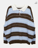 Here Color Matching Stripe Collar Neck Button Long Sleeve Knit