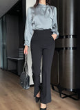 Luan Satin Pintuck Pearl Tie Blouse