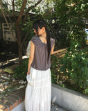 Aceh Dot Shirring Ribbon Cap Sleeve Short Sleeve T-Shirt