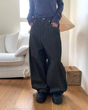 Lemming Stripe Big Pocket Snap Button Denim Wide Long Pants
