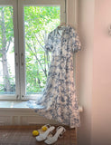 Luena Toile Flower Puff Long One Piece (Belt Set)