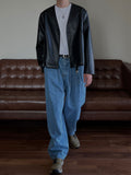 Collarless Crop Leather Jacket