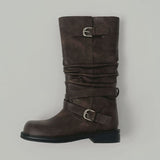 Two-way Buckle Shirring Slit Middle Boots