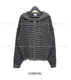 Color Matching Stripe Knit Warmer Hood Zip-Up
