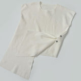 Side Button Wrap Drape Twist Shirring Short Sleeve Knit