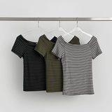 Stripe Span Off-shoulder Slim Fit Basic Length Short Sleeve T-shirt