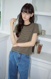 Falling Cat Stripe Crop Short Sleeve Tee