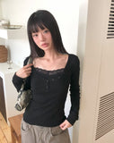[MADE] Newbe Lace Point Button Ribbed Long Sleeve T-Shirt
