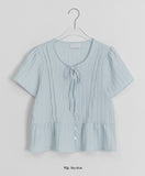 Domuri Ribbon Seersucker Short Sleeve Blouse
