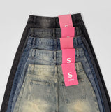 Curved Cut Wide Fit Denim Pants