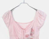 Rosen Flower Print Shirring Short Sleeve T-Shirt