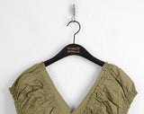 Blon V-Neck Shirring Pleated Puff Short Sleeve Blouse