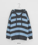 Kyuen Stripe Wool V-Neck Hood Knit