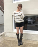 Tsen Stripe Button Henley Neck Long Sleeve Knit