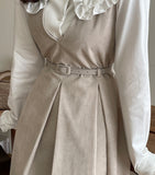 Collard V-neck Pintuck Pleats Long One Piece (belt set)