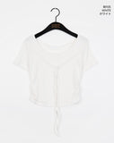 Chano Ribbon Strap Round Shirring Cropped Short-Sleeved T-Shirt