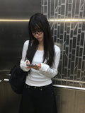 Yua Dots U-Neck Slim Crop Long Sleeve T-Shirt