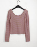 Jitel Vintage Stripe Deep U Neck Long Sleeve T-Shirt