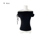 Nob Shirring Off-shoulder Ribbon Short Sleeve T-shirt
