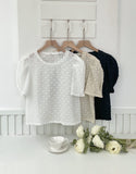 Bullet-Dot Wrinkle Jacquard Puff Sleeve Tee-Blouse