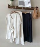 [Two-piece set] Lydia Belt Strap Linen Tee Blouse Banding Flare Skirt