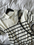 V-in stripe button collar short sleeve knit