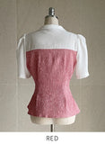 Sweet Seersucker Check Collar Puff Blouse