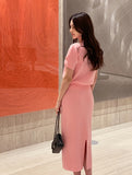 Elnia V-neck Puff Knit Cardigan H-Line Skirt Set