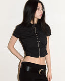 Hole shirring eyelet zip-up crop shirt
