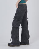 Hangdown string cargo denim pants