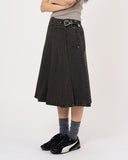 Belted pleated denim midi skirt