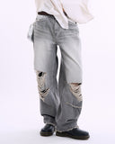 Gravel distressed wide denim pants